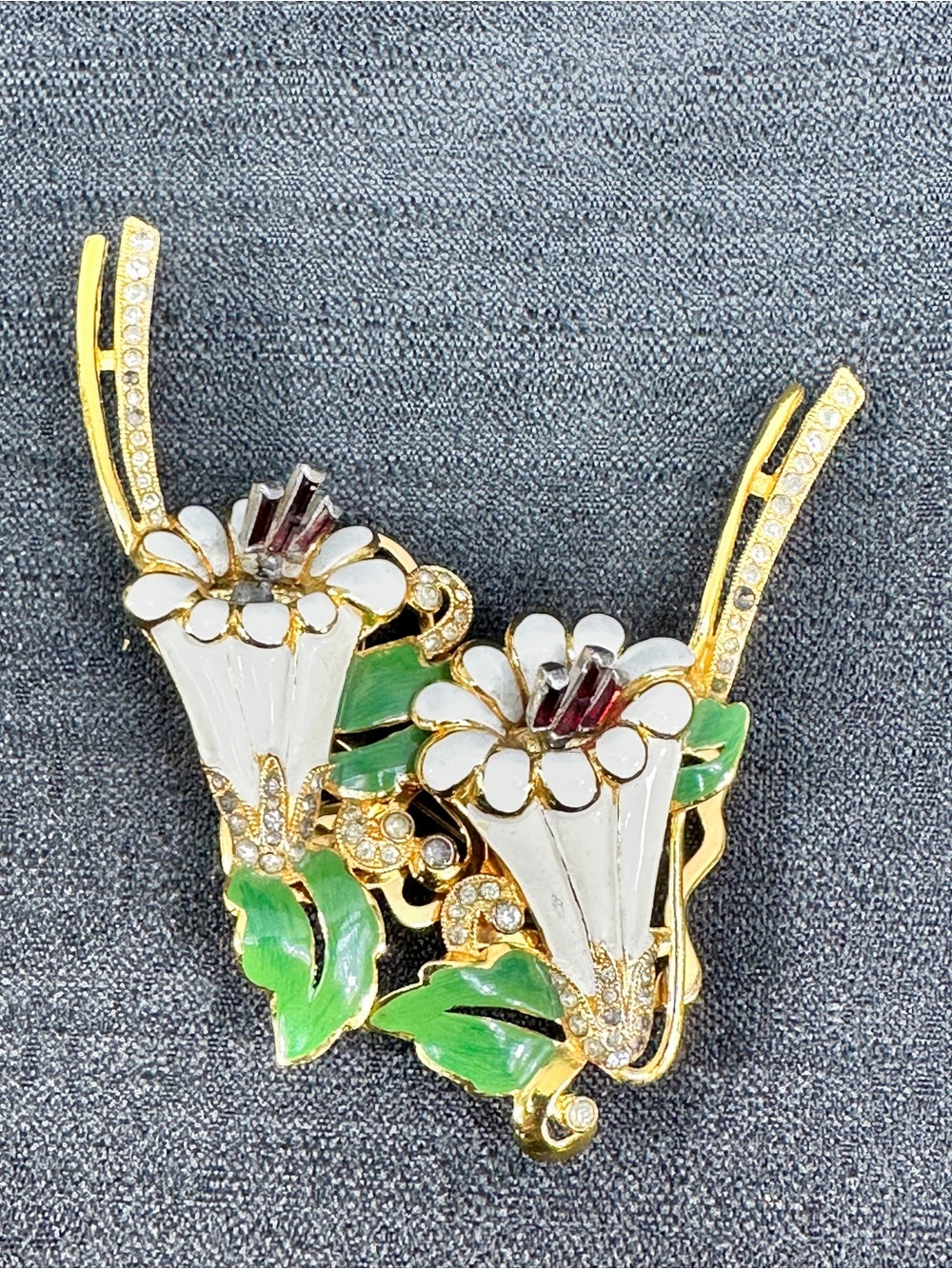 Vtg 1930's Coro Duette Campanulas Bell Flowers Rhinestones Enamel Pin Brooch